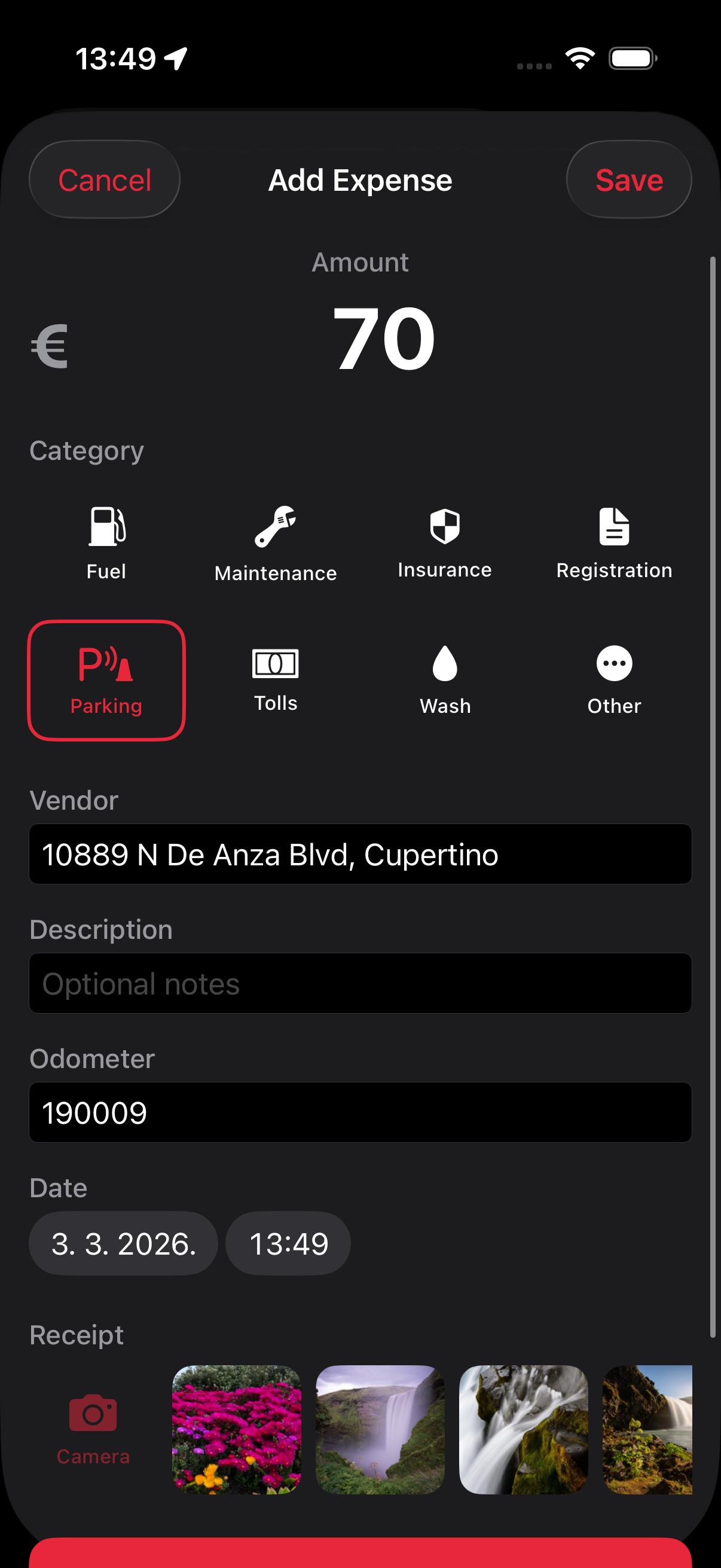 Car expense tracking with fuel, maintenance, insurance, and receipt capture