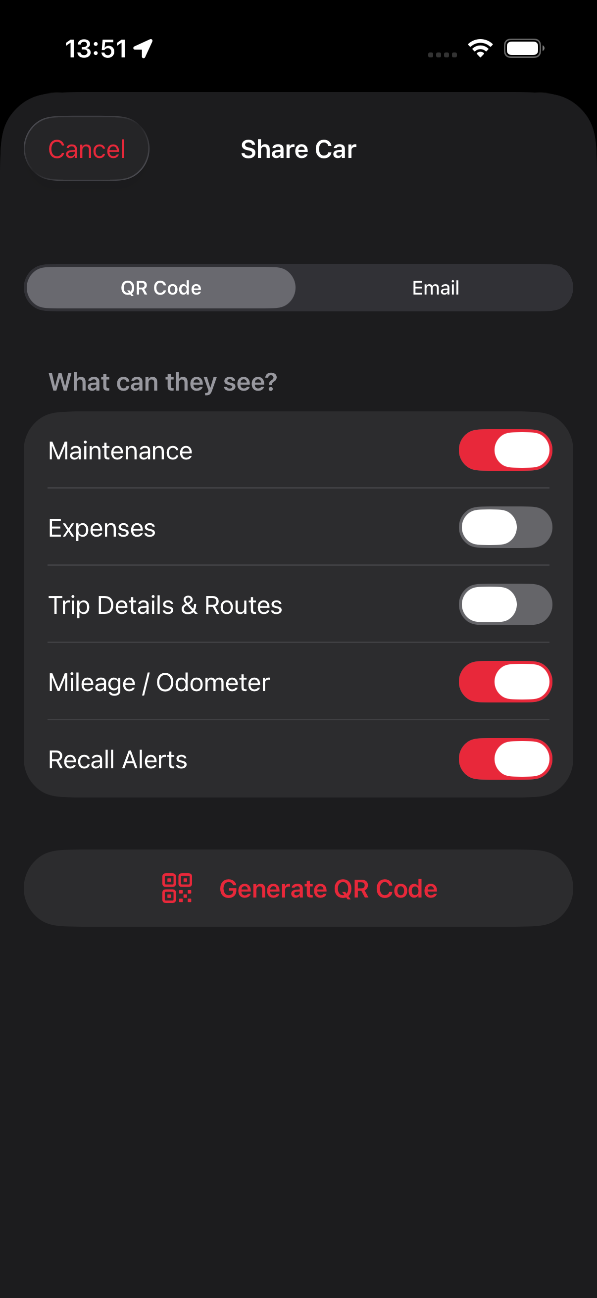 Share car access with family via QR code with granular permissions